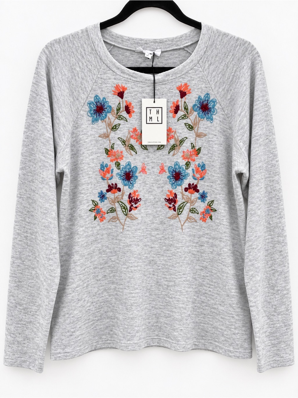 THML Gray Sweatshirt with Blue and Coral Floral Embroidery